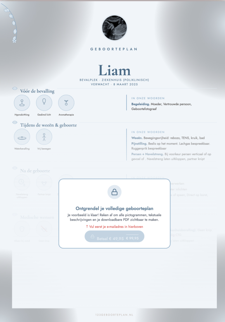 Geboorteplan voorbeeld in warmoranje stijl voor baby Liam