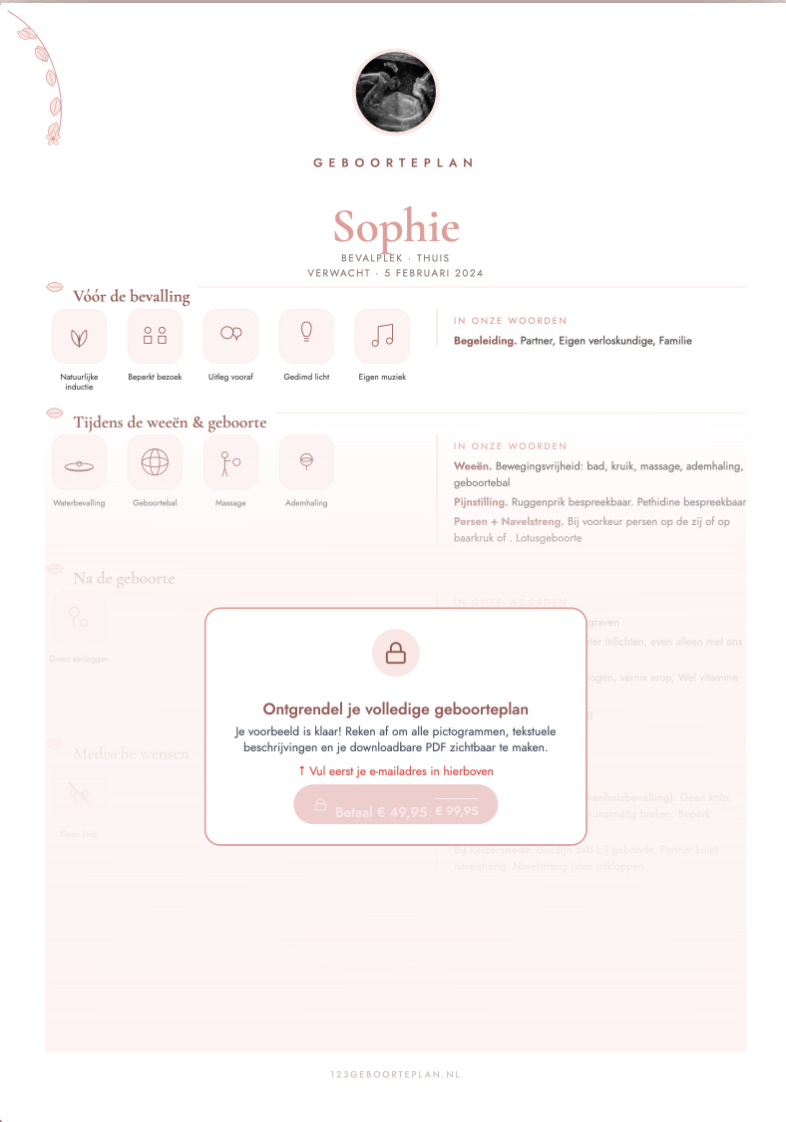 Geboorteplan voorbeeld in zachtroze stijl voor baby Sophie